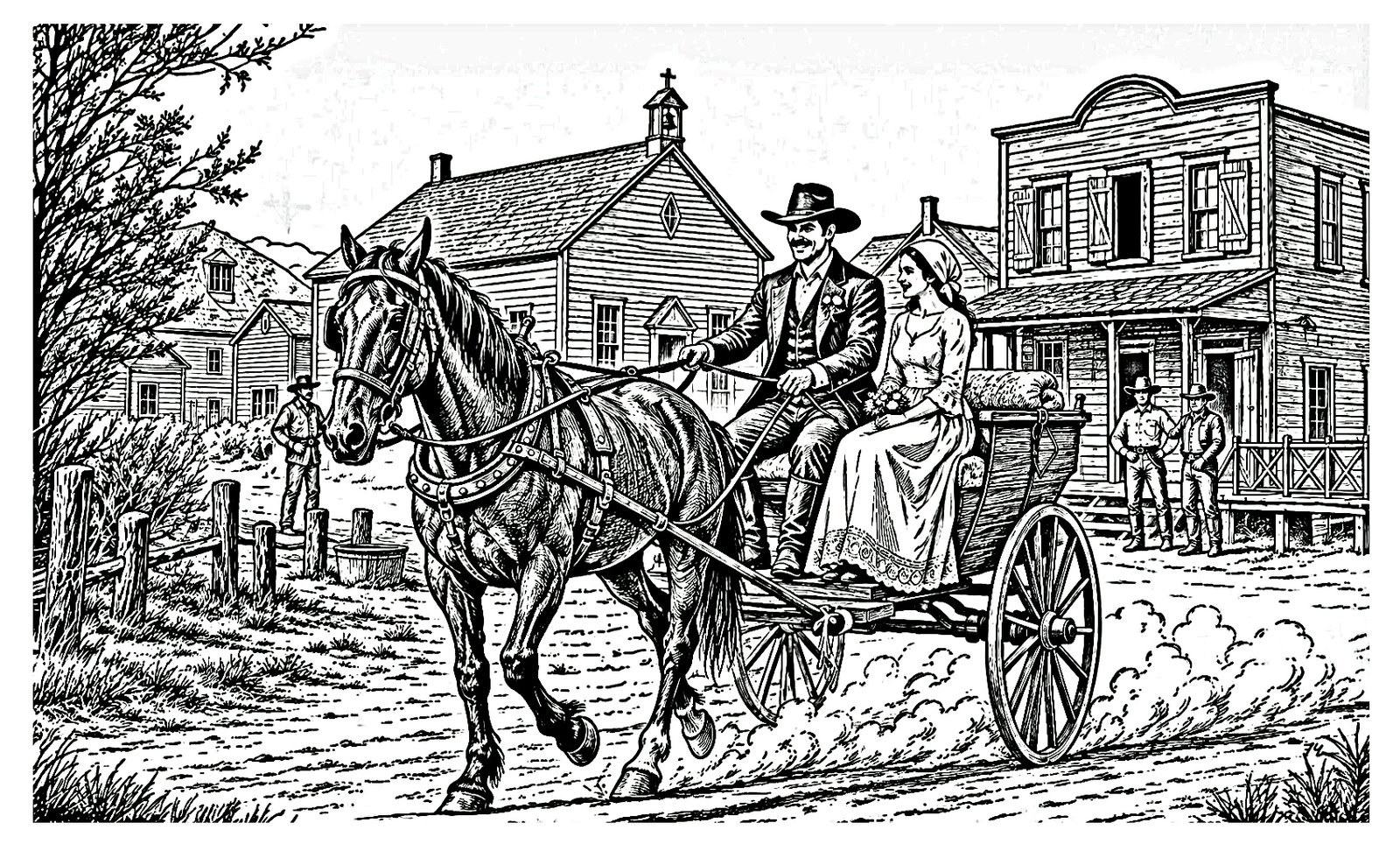 Detailed ink line drawing used to create a Western Woodcuts artwork