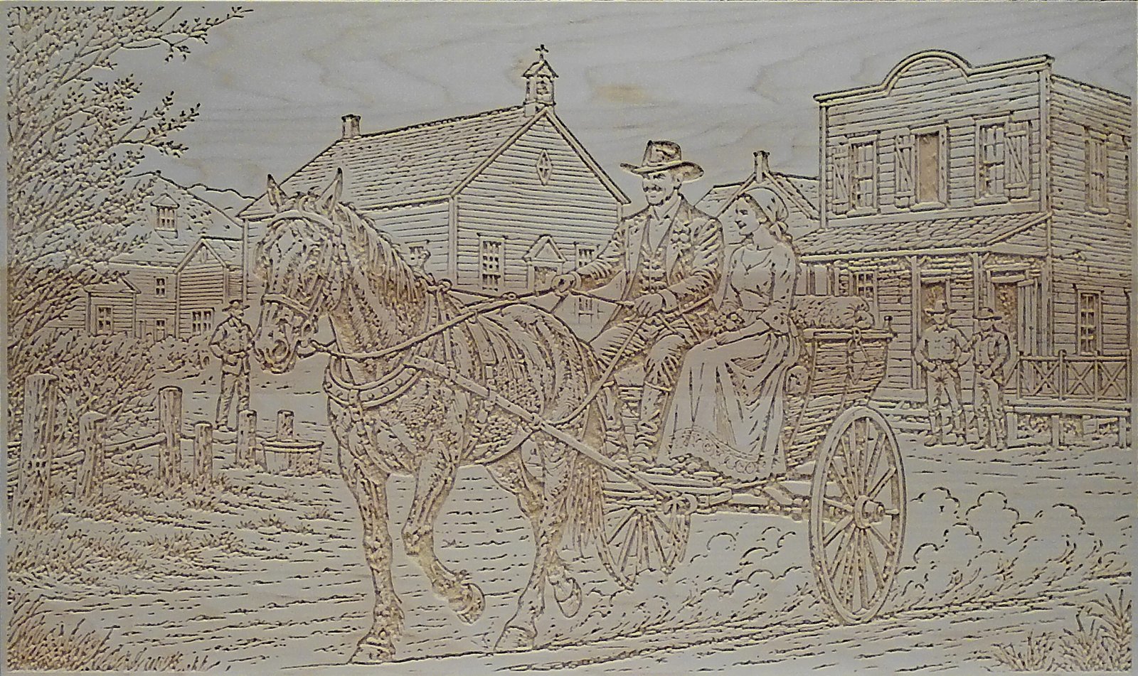 The wood panel engraving stage of Frank’s artwork-making process